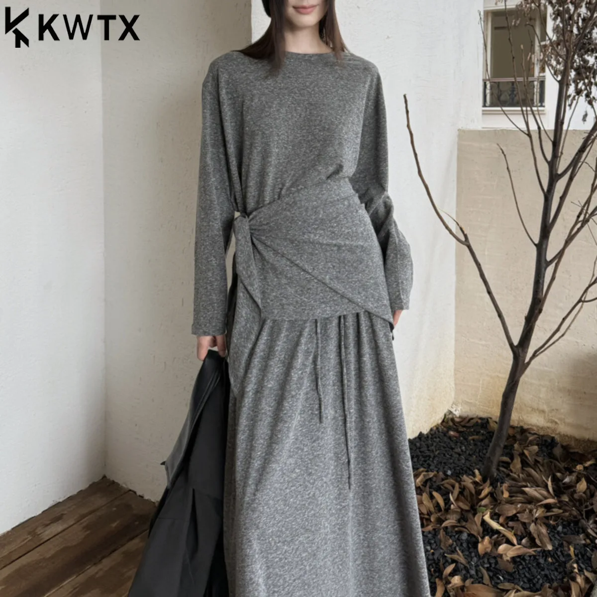 

KWTX Women's 2 Piece Set Round Neck Long Sleeve T-Shirt&Skirt with Shawl Casual Elegant Light Luxury Slim Fit Spring Summer 2025
