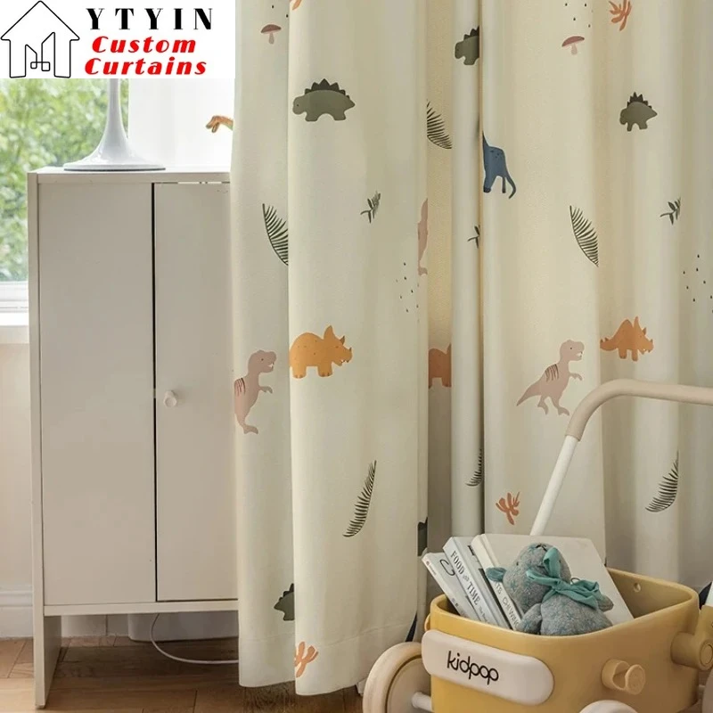 

Custom Size！！Modern Children Cartoon Dinosaur Pattern Beige Curtains for Living Dining Room Bedroom Decor Window White Tulle