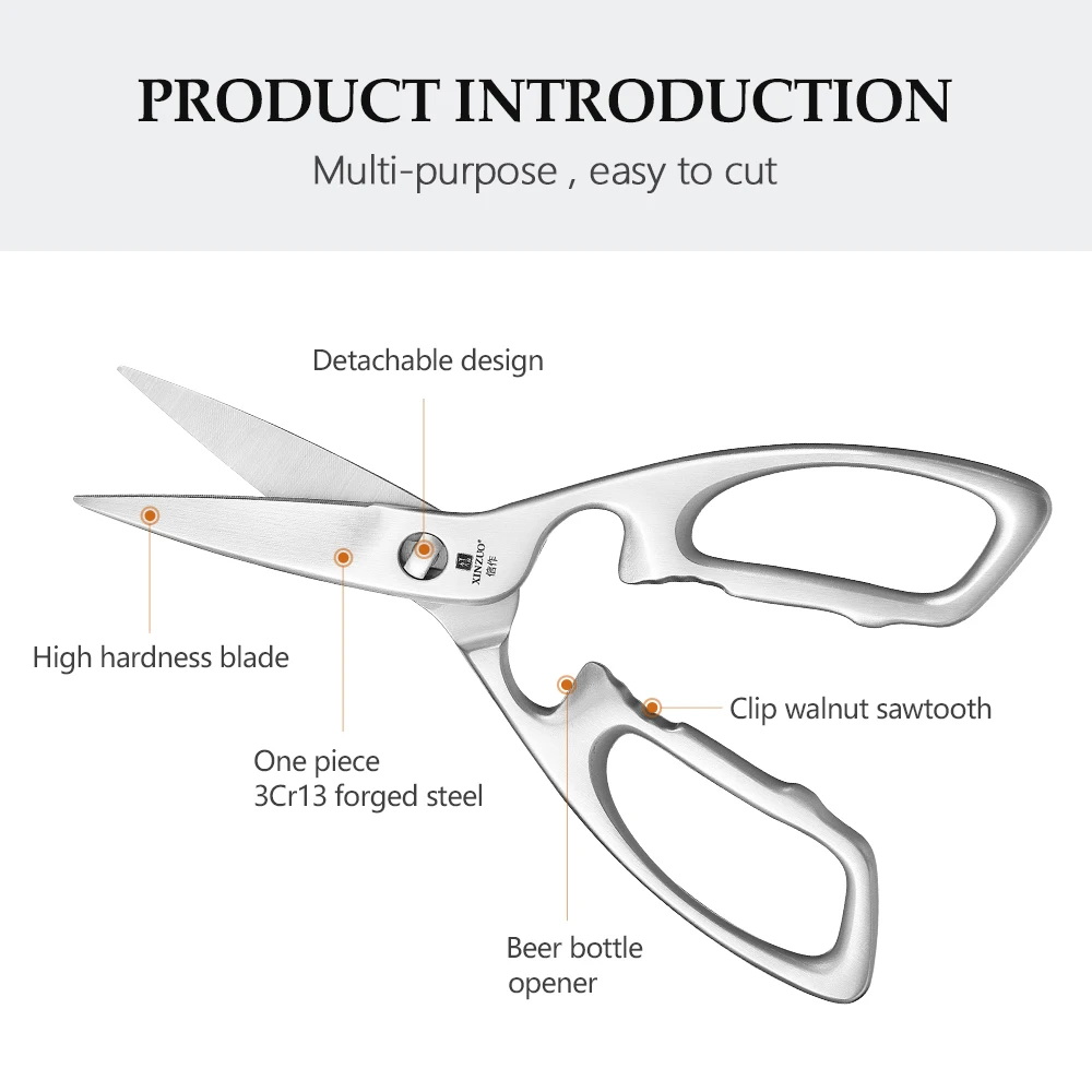 XINZUO Kitchen Scissors One Piece 3Cr13 Stainless Forged Steel Kitchen Powerful Multi-Function Chicken Bone Kitchen Shears