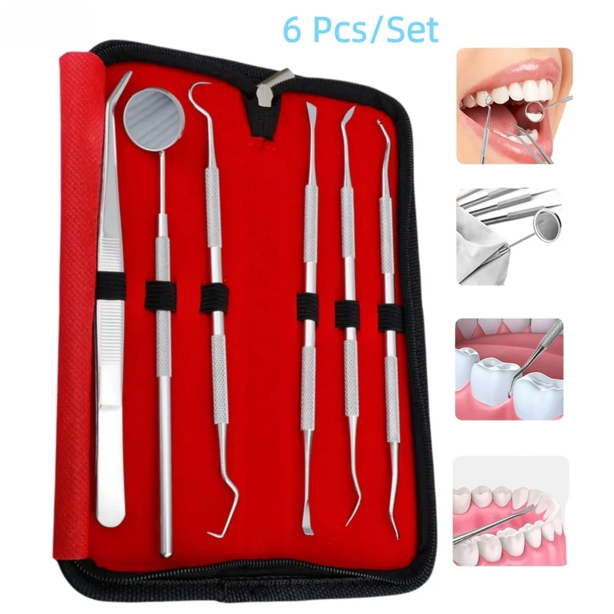 6pcs/set Dental Mirror Kit Oral Care Teeth Cleaning Tools Set with Probe Scaler Sickle Hoe Tweezers Dentistry Instruments Tools