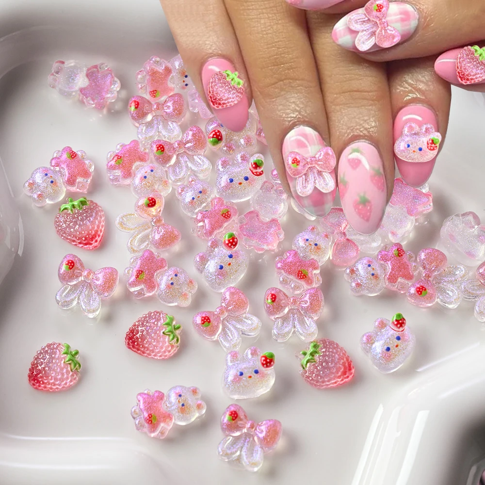 

50Pcs 3D Mixed Strawberry Rabbit Nail Parts Charms Pink Cartoon Shiny Bow Bunny Y2K Nail Decoration Resin Nail Art Accessories*&