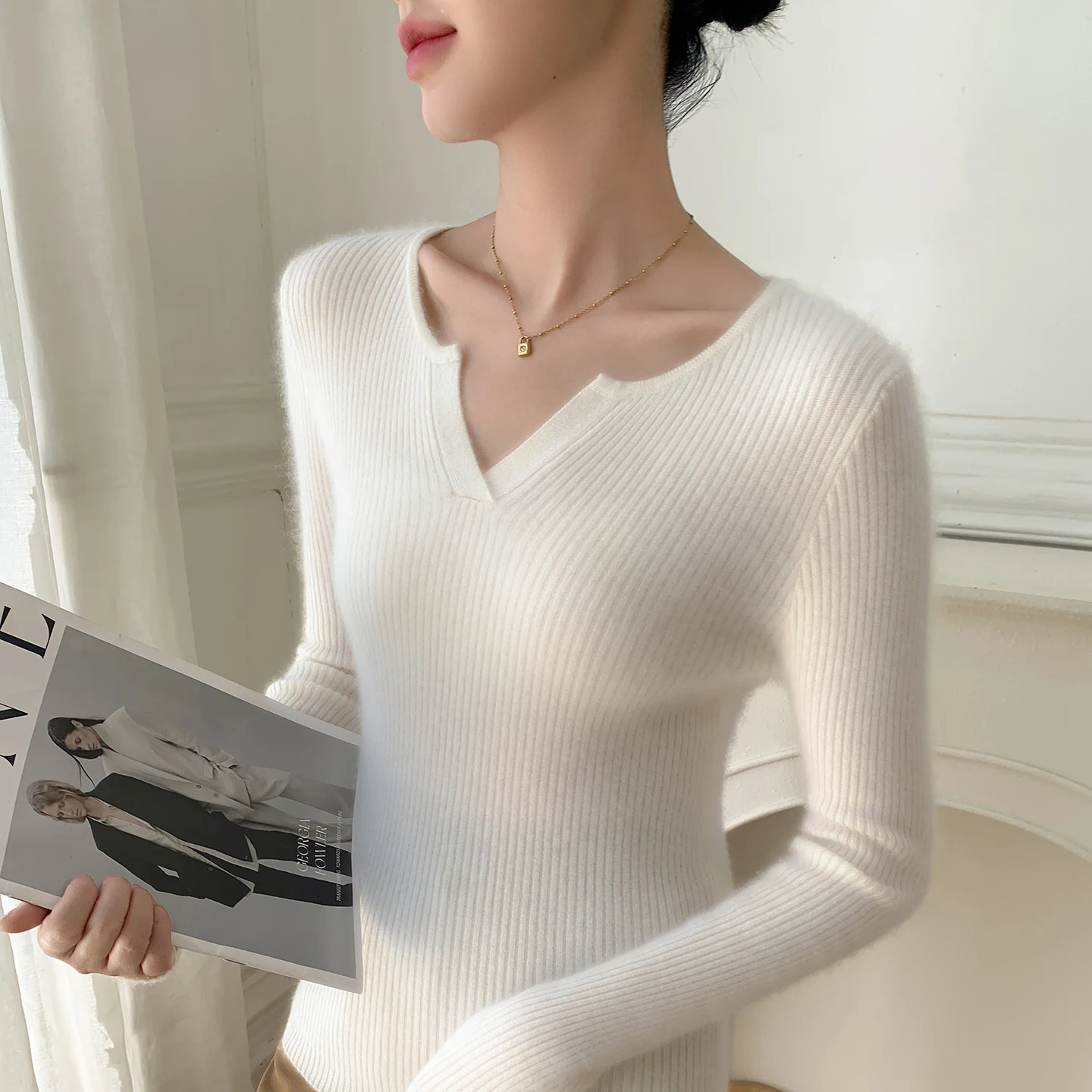 خريف/شتاء جديد المرأة 100% الكشمير الخالص البلوز عادية بلون محبوك سترة سليم صالح الخامس الرقبة القمم الأساسية البلوز #3