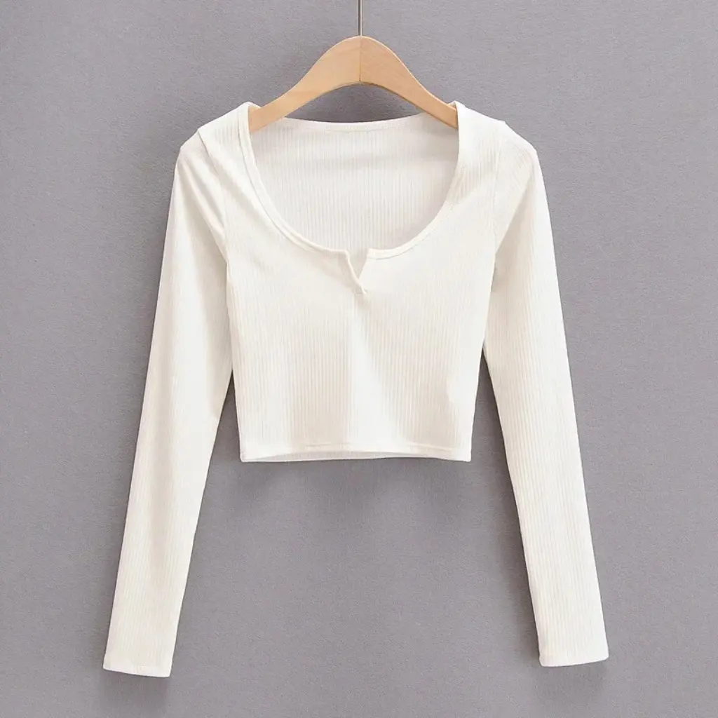 

YPFF Slim-fit V-neck Long-sleeved Base Shirt Autumn Solid Color European American Style Sexy Short T-shirt Top for Women