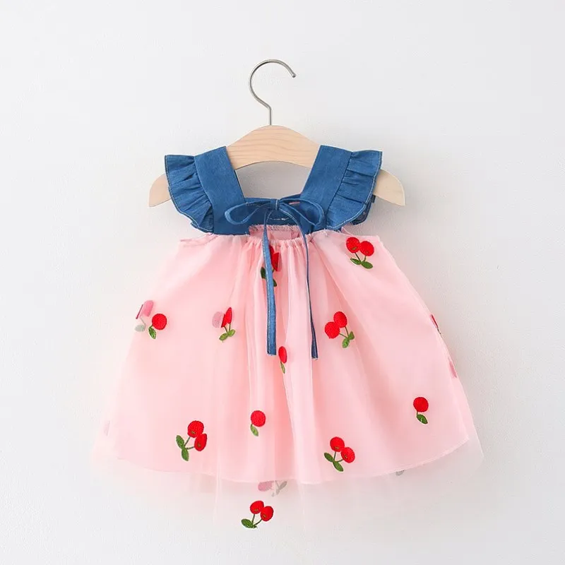 Summer Girl Dress Denim Fly Sleeved Bow Cute Cherry Colored Mesh Princess Dress Suitable for Babies Aged 0-3