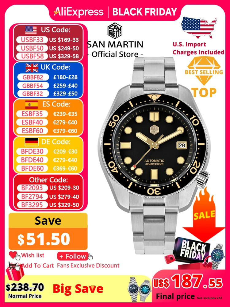 

San Martin 44 мм мужские дайверские часы винтажные MM300 позолоченный циферблат спортивные NH35 автоматические механические сапфировые водонепроницаемые 300 м C3 Lume SN0087