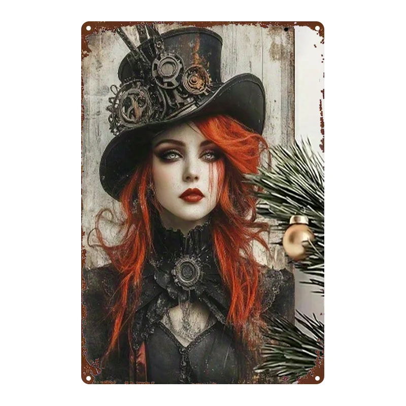 2D Flat, 2D Flat, a Single Piece of Steampunk-Themed Wall Art Featuring a Female Figure in Victorian Gothic Style, Measuring 8X1