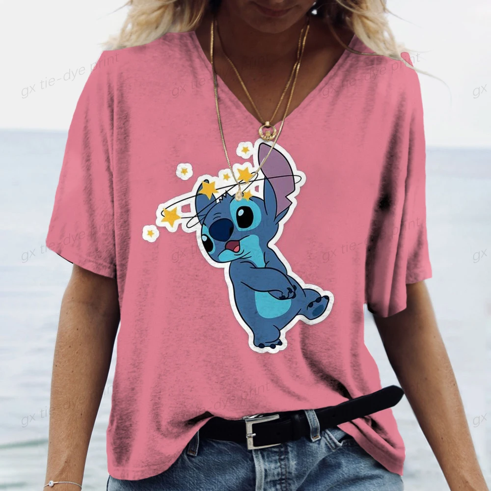 2025 جديد ديزني غرزة مطبوعة المرأة موضة تي شيرت حجم الخامس الرقبة قميص نسائي تصميم قميص نسائي الملابس النسائية