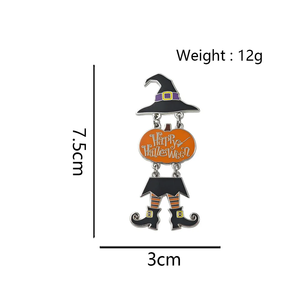 Happy Halloween Metal Enamel Pin Dangle Witch Hat Brooch Link Chain Pumpkin Badge Moving Legs Lapel Pins Festival Gift