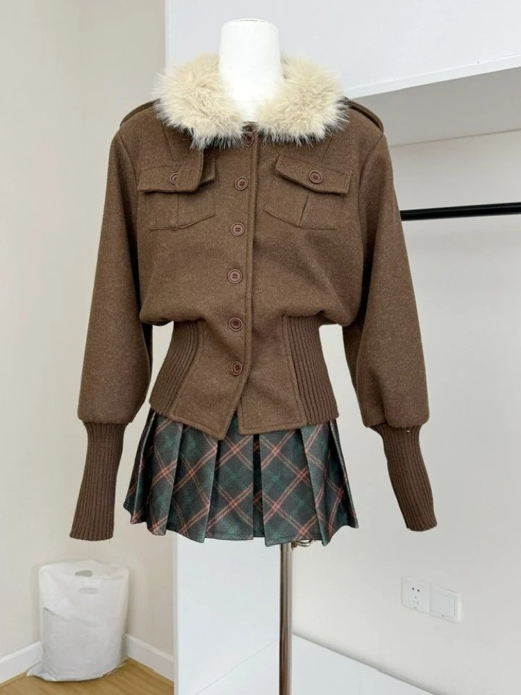 

France Elegant Vintage Two Piece Set Retro Metal Button Wool Blend Warm Coat + Mini Skirt 2025 New Autumn Winter Fashion Outfits