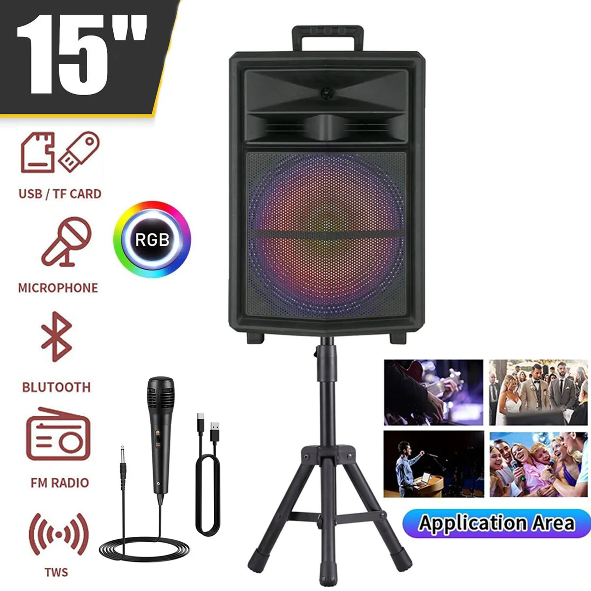 Altavoz portátil Bluetooth para fiesta, Subwoofer de 15 "con sistema de sonido de soporte, Dj, Karaoke, luz RGB, altavoz recargable para exteriores con micrófono