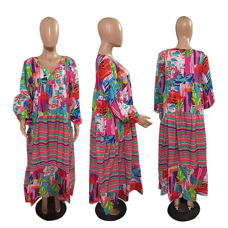 African Print Dresses for Women Summer Sexy African Long Sleeve V-neck Polyester Long Pleated Dress Maxi Dress African Dresses