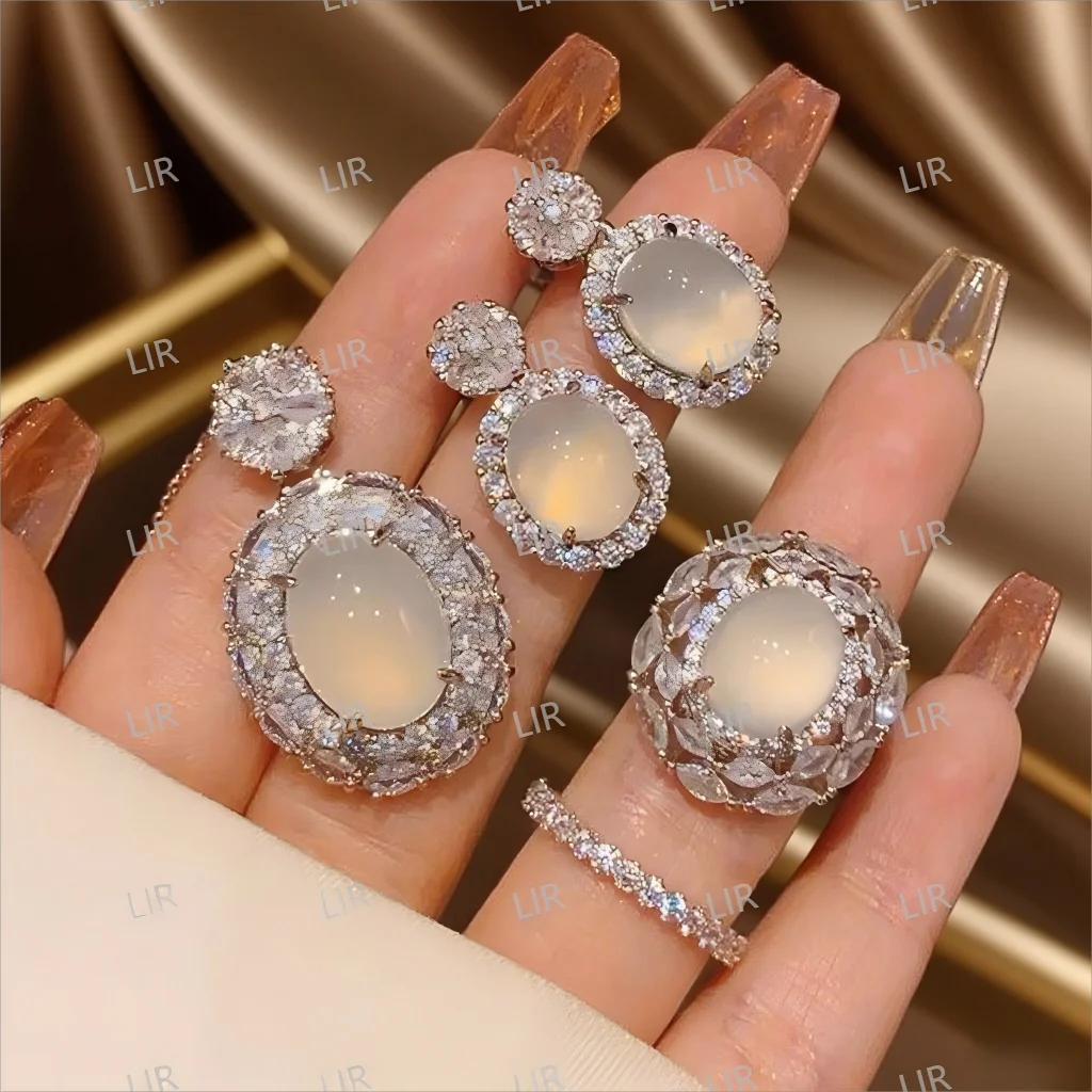 

LIR White Chalcedony Snowflake Jewelry Set: Pendant Necklace, Earrings, Ring, Platinum Color, Shiny Glow, Loved by Goddesses