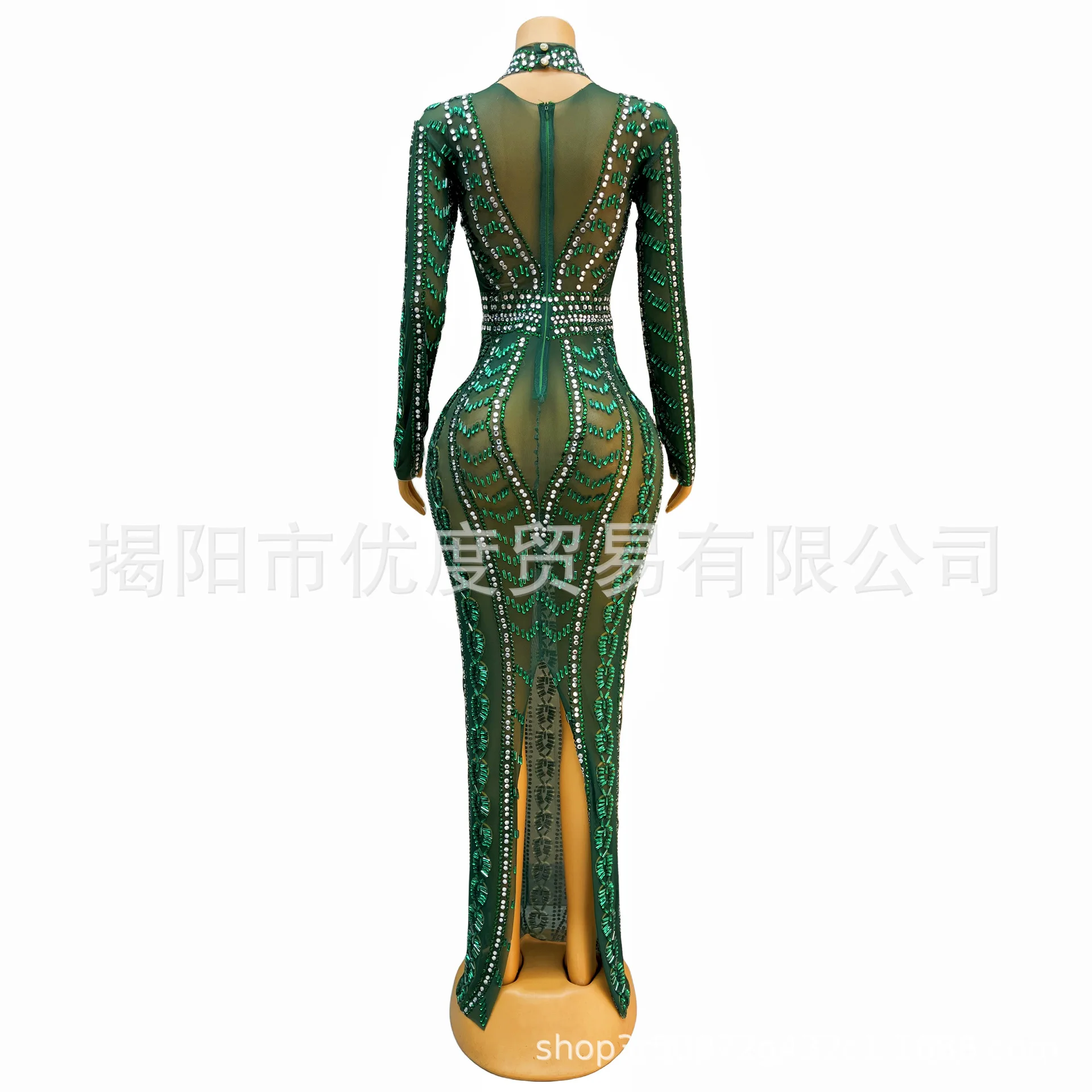 فستان سين الأخضر بأكمام طويلة ومنظور كريستالي لامع بأحجار الراين الأنيقة وحفلات الكوكتيل وأعياد الميلاد والسهرات