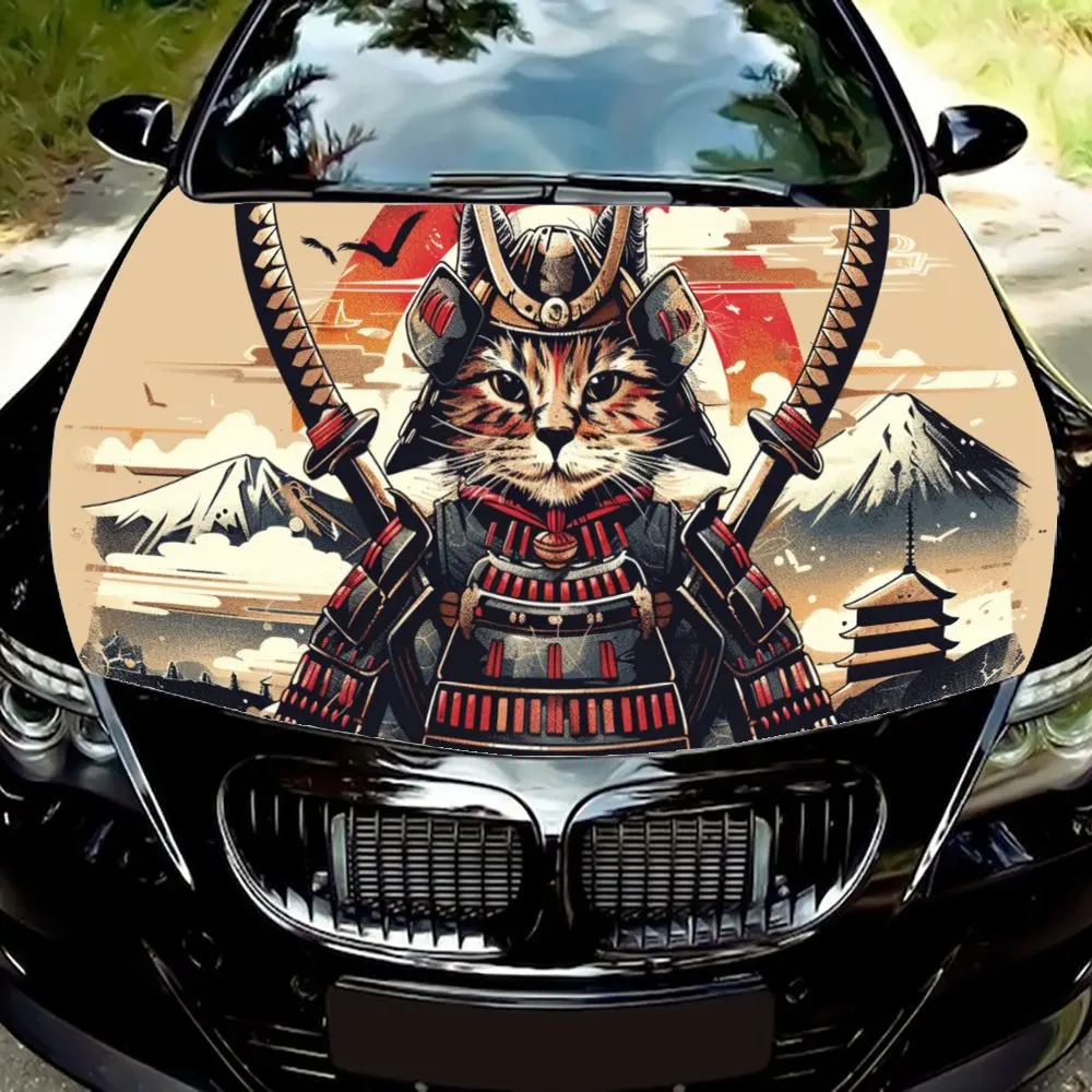 

Cat Samurai Armor Japanese Sword Car Hood Wrap Color Vinyl Sticker Truck Graphic Bonnet Auto Accessories Decoration Decal Gift