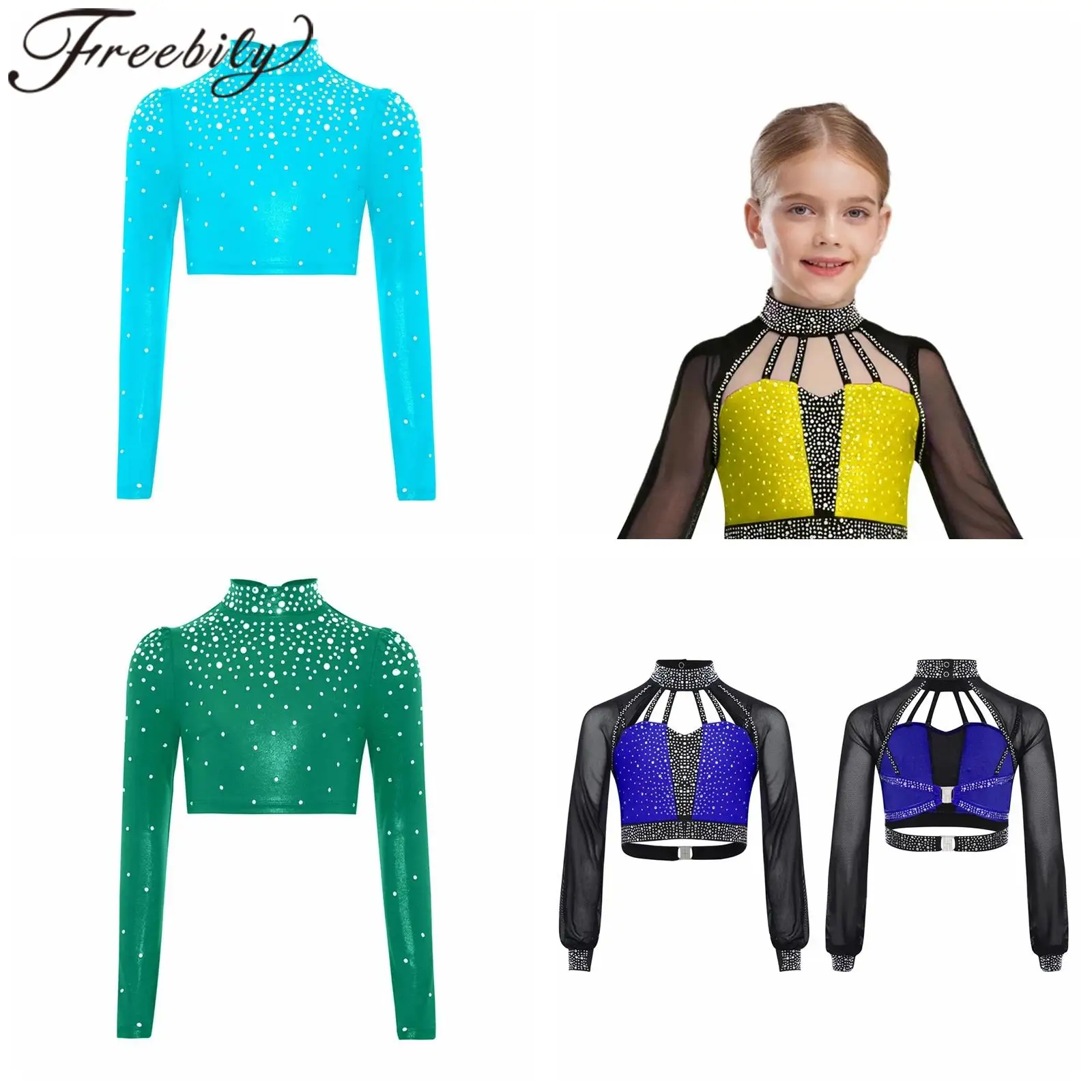 

Girls Sheer Mesh Ballet Dance Crop Top Kids Figure Skating Costumes Tops for Modern Dancewear Long Sleeves Performance Costume