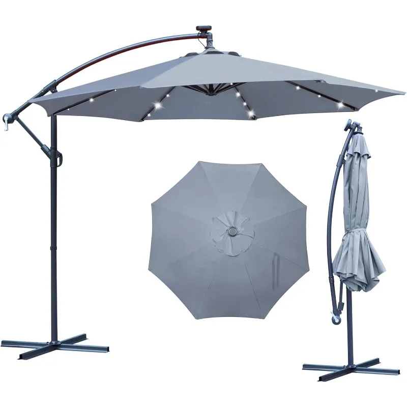 

10 ft Offset Umbrella with 32 Solar LED Lights, Solar Umbrella Hanging Lighted Patio Market Umbrella for Garden, Backyard, Patio