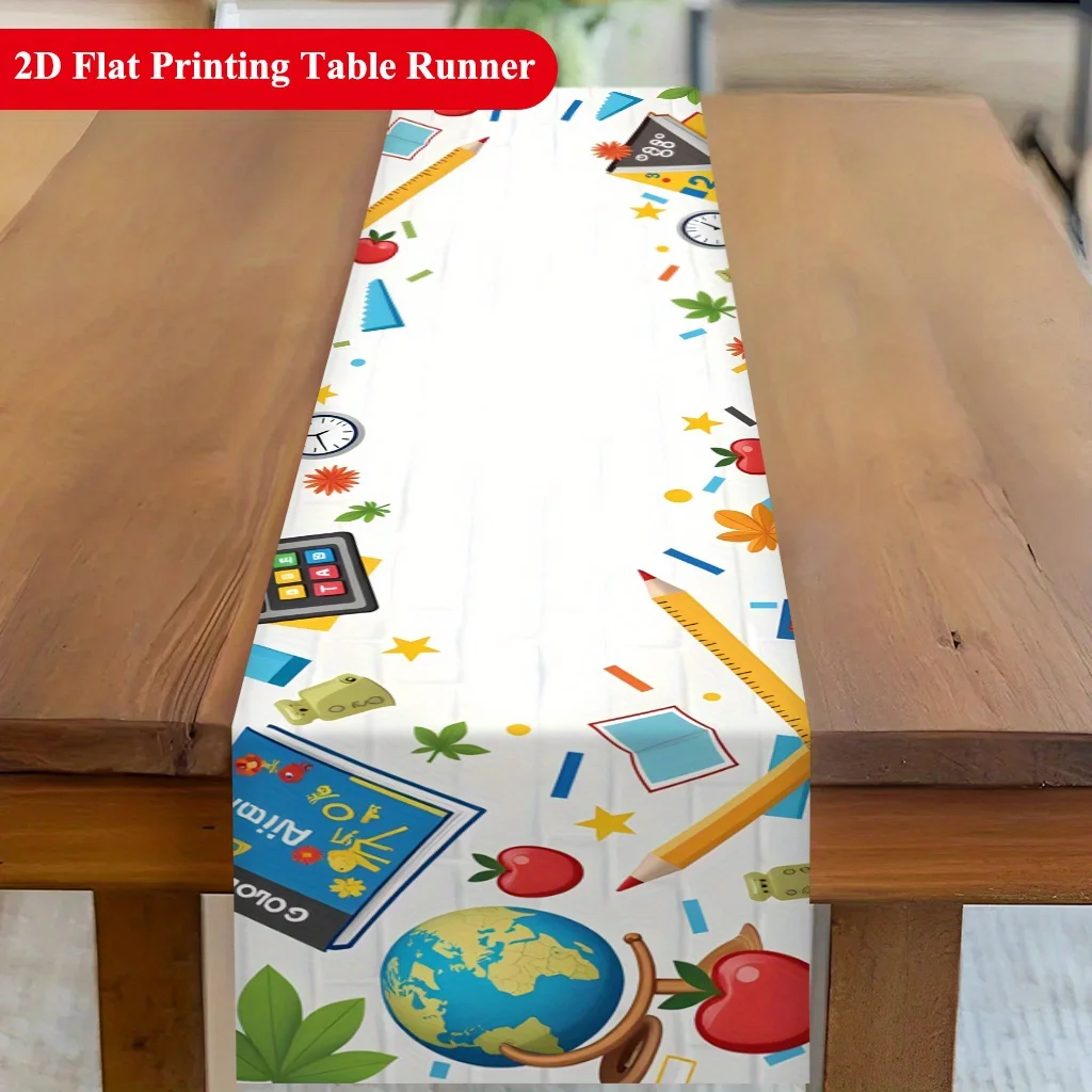 Vibrant School Supplies Colorful Motif Table Runner - Cute Back to School Decoration for Holiday Kitchen Dining Home Party