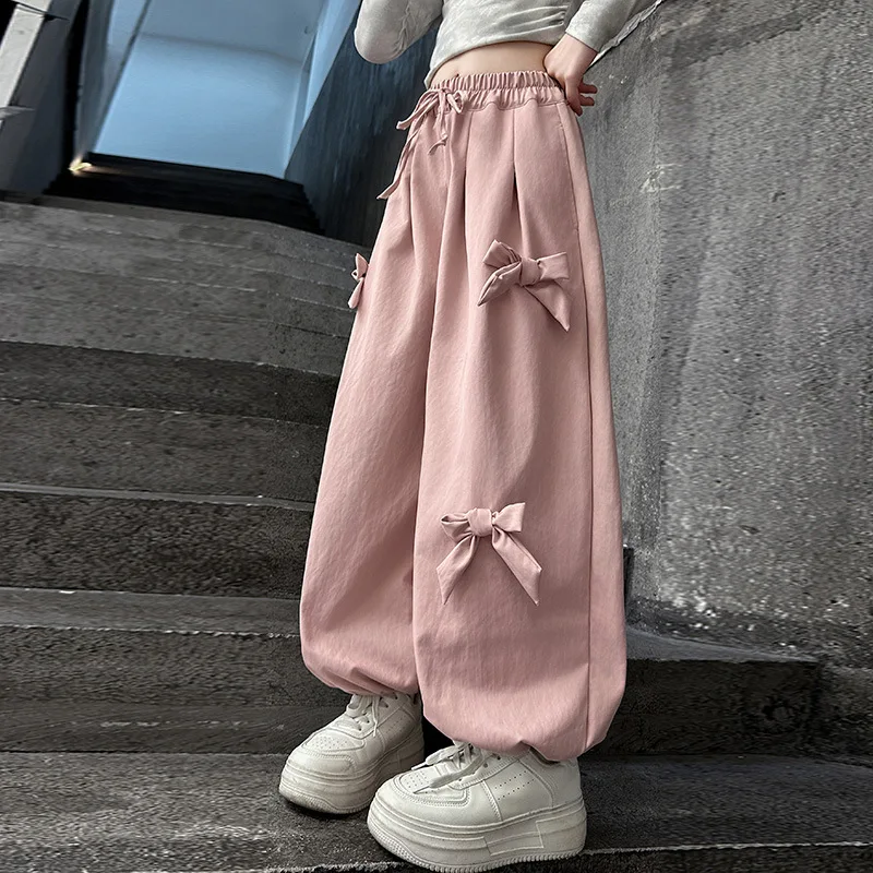 Girls Pants 2024 Autumn New Childrens Clothes Korean Style Girls Baby Foreign Style Bow Haren Pants Casual Simple Daily image 5