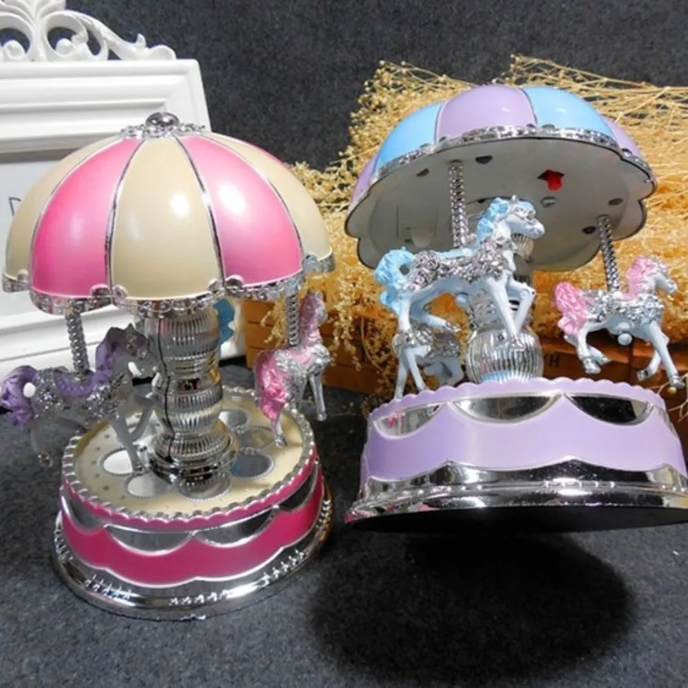 Creative Exquisite Carousel Music Box Cartoon Luminous Carousel Ornaments Colored Lights Plastic Horse Music Box Birthday Gifts