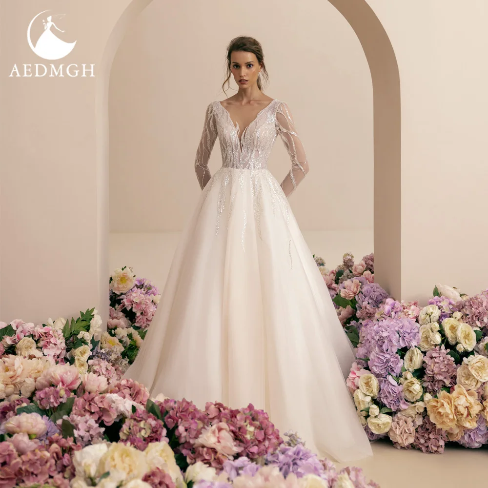 

Aedmgh A-Line Romantic Wedding Dresses 2024 V-Neck Long Sleeve Court Train Vestido De Novia Lace Sequined Robe De Mariee