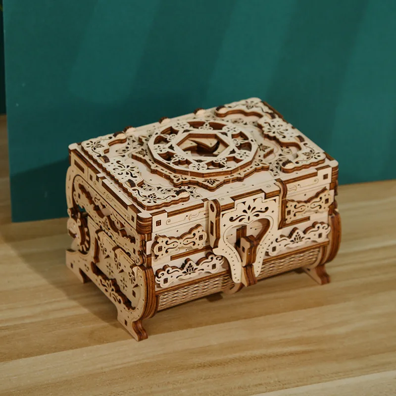 New 3D Wooden Puzzle Antique Box Model Building Kits Jewelry Storage Box Mechanical Gear Assembly Toys for Friends Girls Gifts