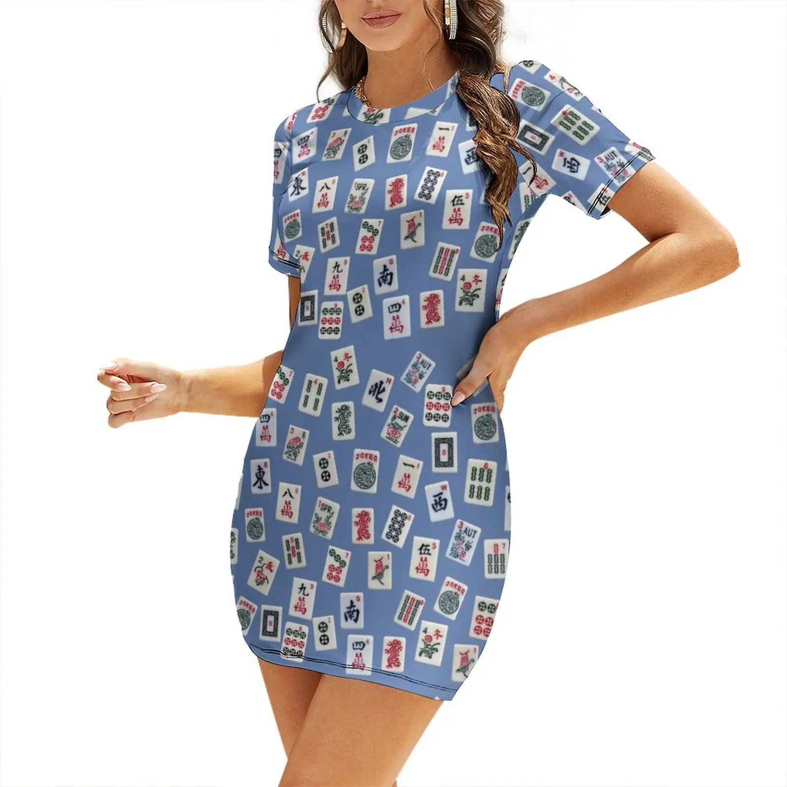 MahJong tiles symbols design on blue Short Sleeved Dress women's summer jumpsuit prom dress 2025 Women's summer dress