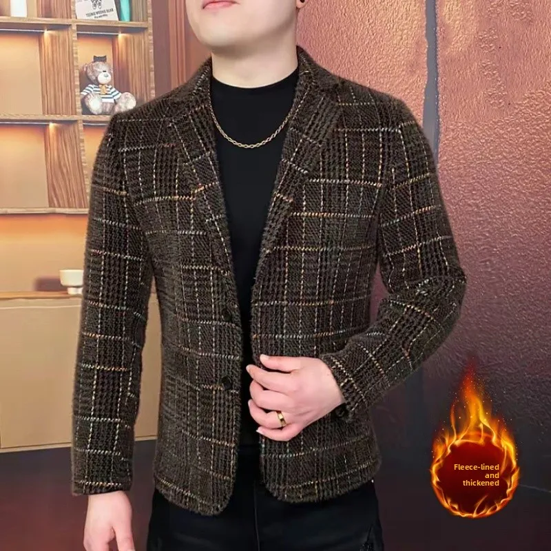 

Новая мужская приталенная куртка-пиджак 2025 года с флисовой подкладкой, утепленная, осенне-зимняя, модная, повседневная, с длинным рукавом, в клетку