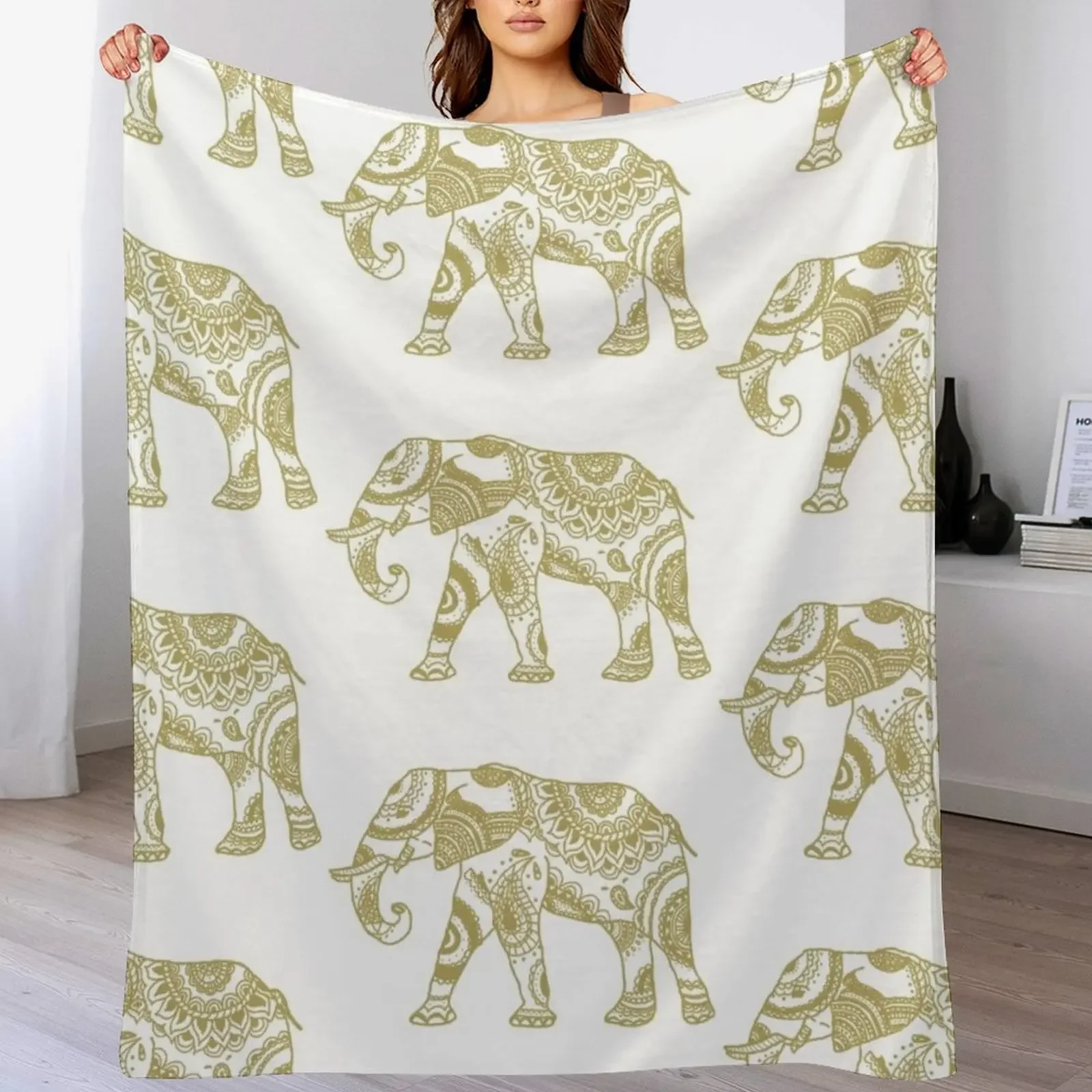

Patterned Elephant - Gold Throw Blanket Soft Beds christmas decoration Kid'S Decorative Sofa Blankets