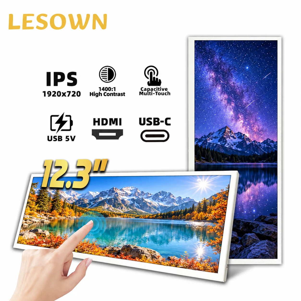 LESOWN P123WPT P123GPT 12.3 Inch 1920x720 IPS 60Hz Bar Monitor Portrait Landscape Display for PC Multitasking