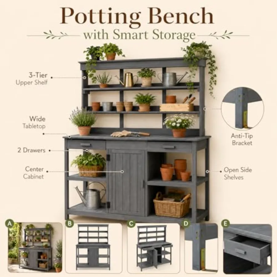 Outdoor Potting Bench with Open Shelves and Cabinet, 66 in