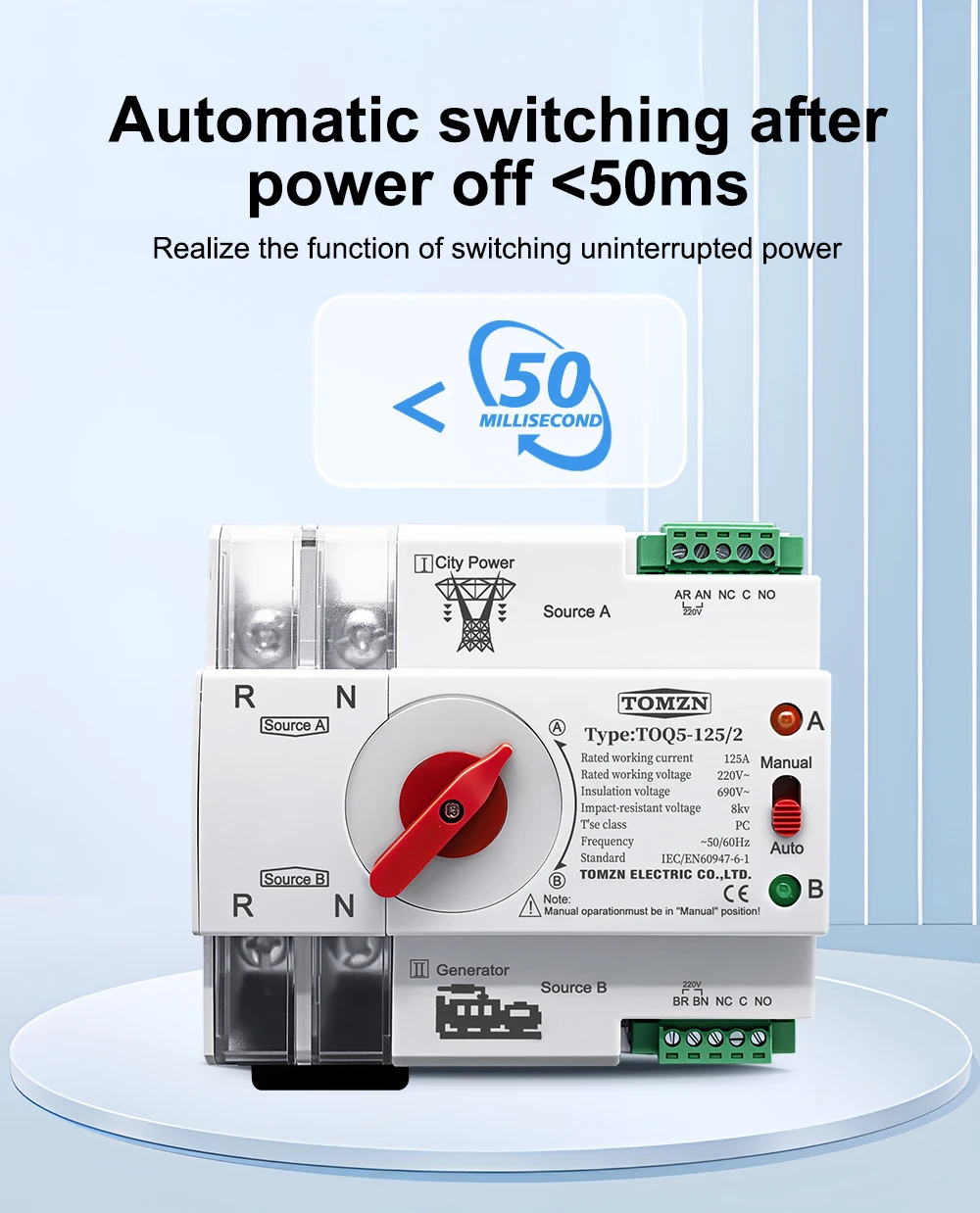 TOMZN Single Phase Din Rail ATS 220V Dual Power Automatic Transfer Electrical Selector Switches Uninterrupted 2P 63A 100A 125A