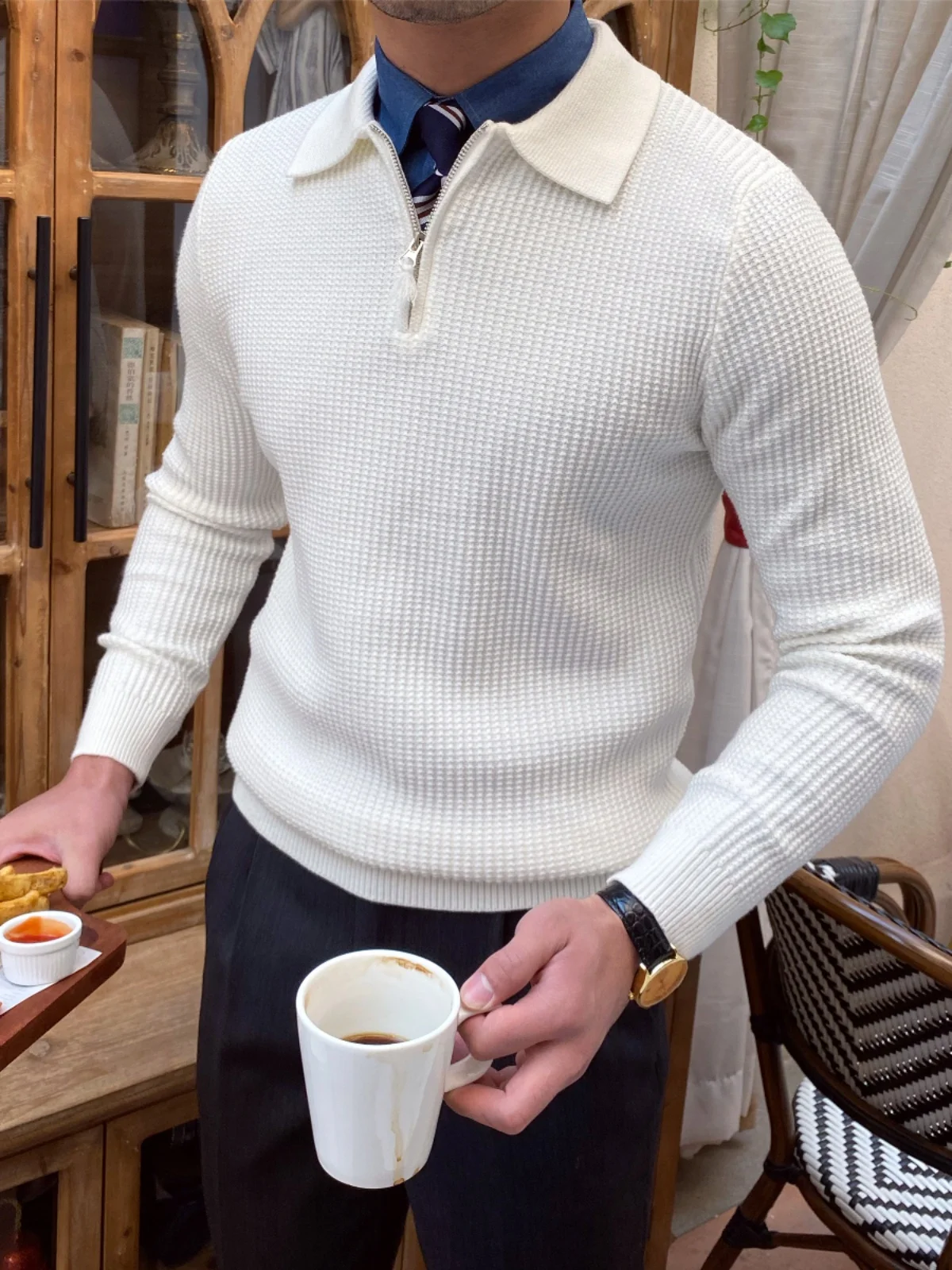 High-End Fall and Winter Lapels Zipper Waffle Woven Casual Sweater British Fashion Long-Sleeved Shirt Trendy Men