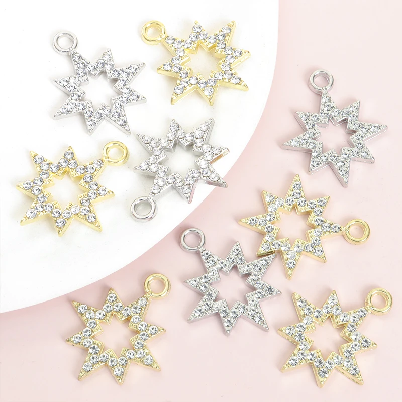 10pcs Shiny Rhinestones Inlay Hollow Eight-pointed Star Charms Necklace Earring and Any Other Chain Ornaments DIY Alloy Pendants