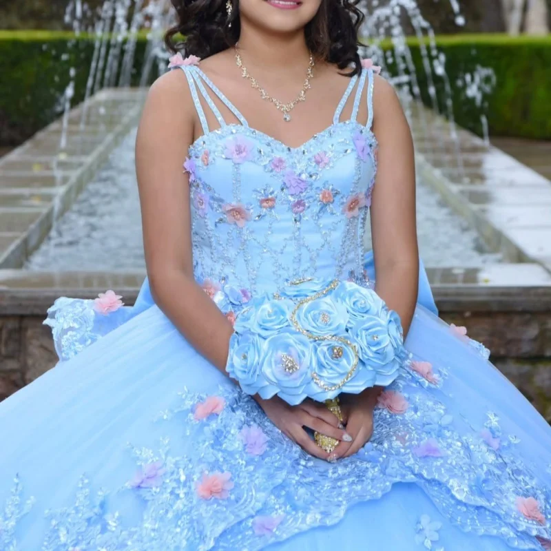 

Light Blue Quinceanera Dresses Off the Shoulder Sequin Decal 3D Flower Crystal Long tail Bow Vestido De 15 Quinceanera Customize