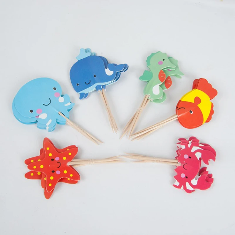 24szt Ocean Animal Cupcake Toppers Under The Sea Birthday Party Cake Decorations Baby Shower Girls Mermaid Themed Party Supplies