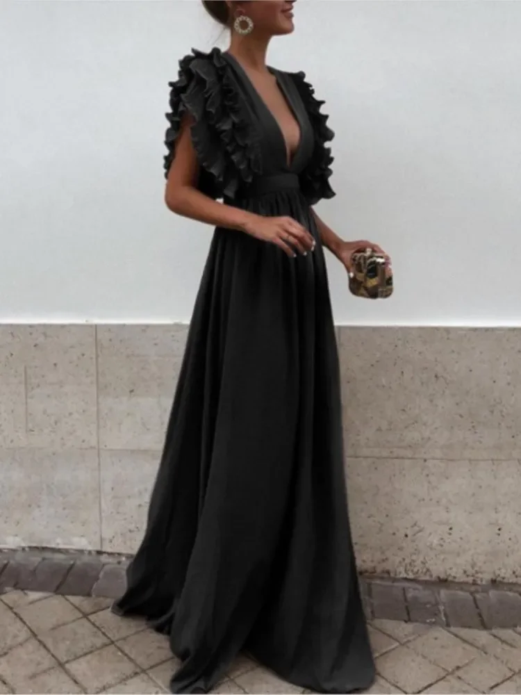 Vestido Sexy con escote en V profundo y espalda descubierta para mujer, vestido rojo a la moda con manga voladora y cintura alta, vestido elegante de fiesta de noche