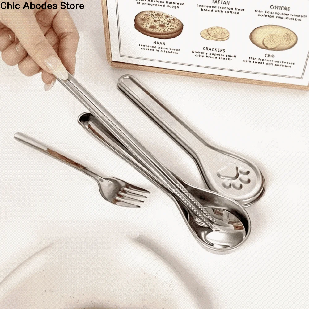 

With Cat Paw Box Travel Tableware Set 304 Stainless Steel Mildew-proof Chopsticks Spoon Set Smooth Edges Rust-proof Curlty Set