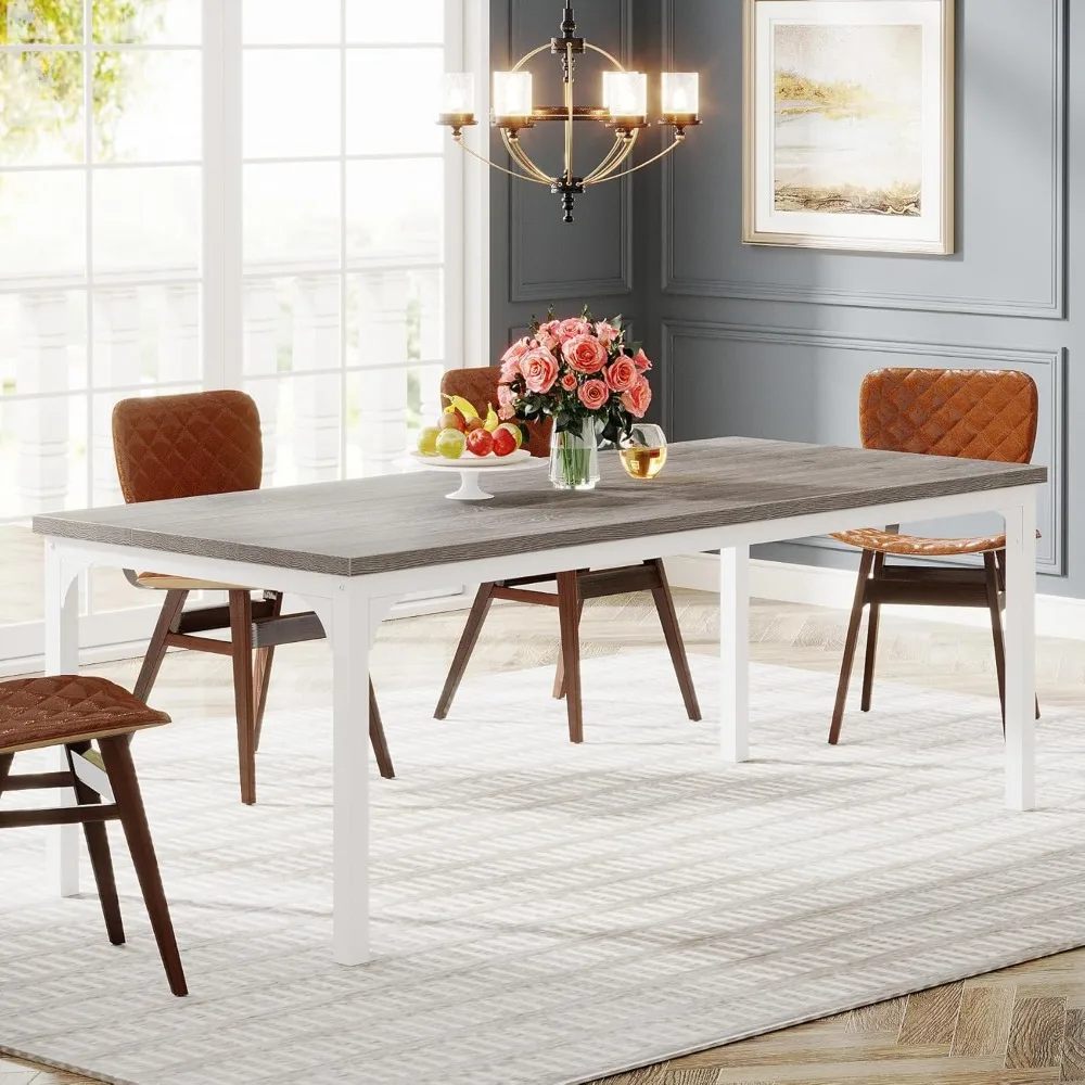 Rectangular Wooden Dining Table for 6-8 People with Sturdy Metal Legs, 70.9 Inch Industrial Style Kitchen Table
