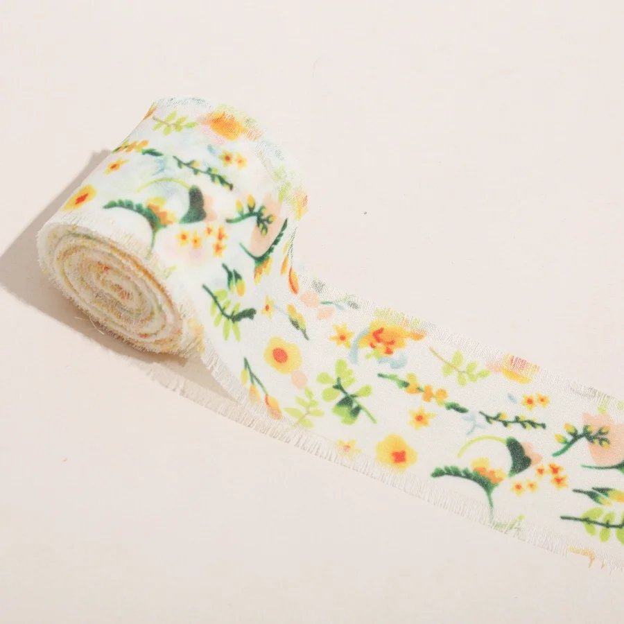 1 Rolle 5m*4cm Ausgefranstes Satinband mit handbedruckten Blumen aus Chiffon-Seide für Hochzeitssträuße, Geburtstagsfeiern und DIY-Dekorationen – Detail 4