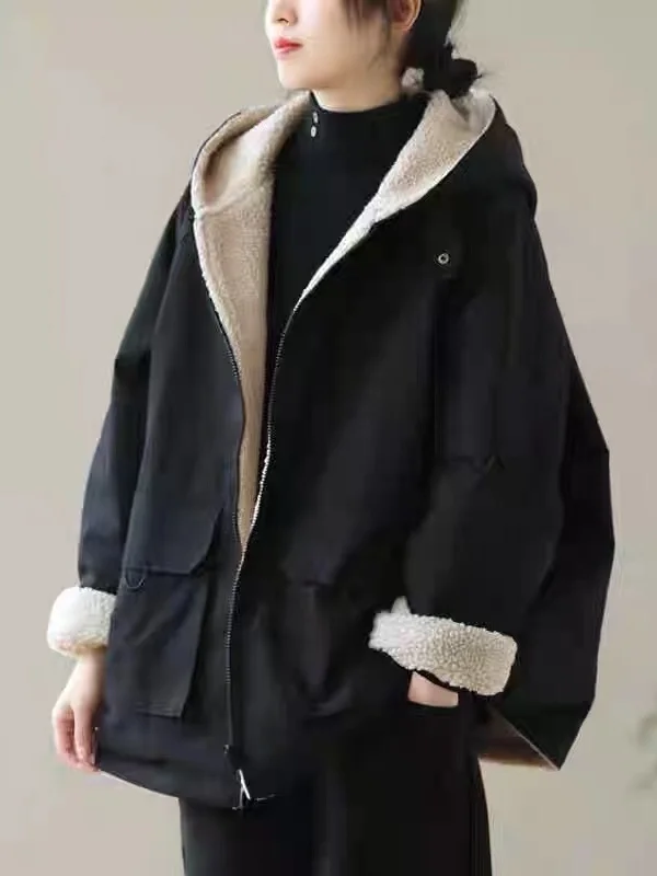 

Slimming Autumn Winter Casual Cotton Jaet Women'Hooded Ramskin Coat Marked down Faionable Korean Sle Straight Cut Coat
