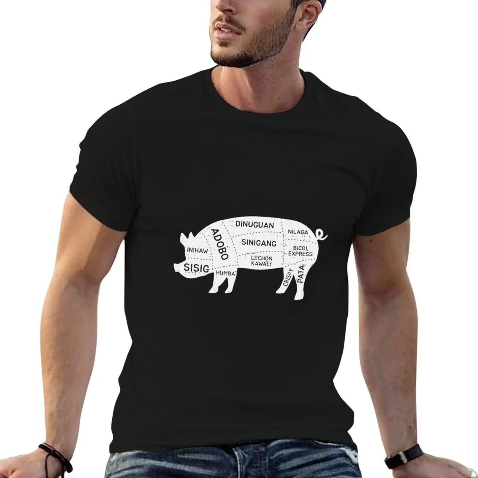 Divertido plato de receta de cerdo filipino Pinoy comida Adobo Sinigang Sisig Lechon Kawali Dinuguan Bicol Express crujiente Pata Eatout camiseta