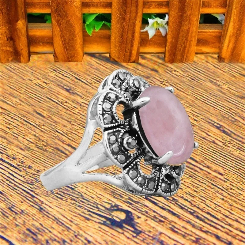 Oval Pink Quartz Rings For Women Antique Silver Plated  Natural Stone Rhinestone Hollow Flower Vintage Fashion Jewelry TR710