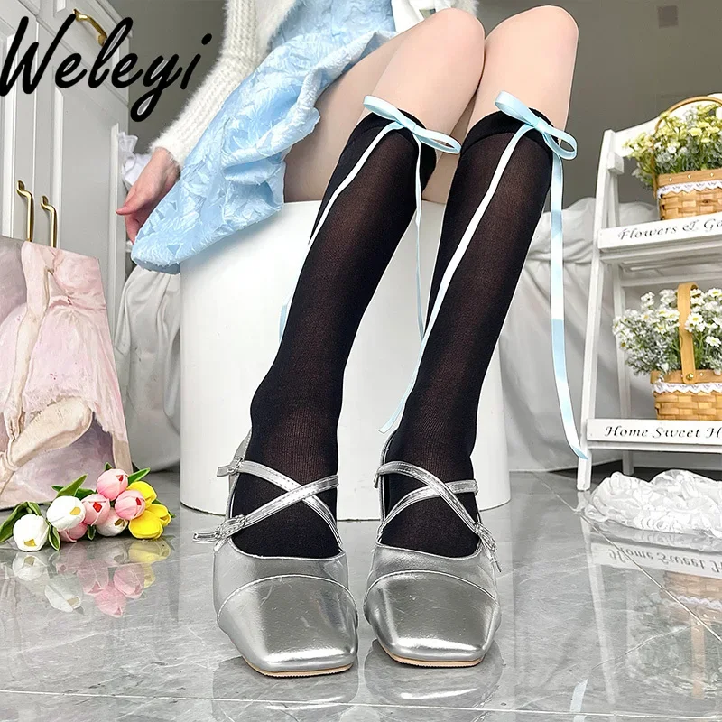 

Sweet Calf Stockings Bow Ballet Ribbon Stack Socks Female Spring Summer 2024 Girly Lolita Kawaii Thin Middle Tube Socks Woman