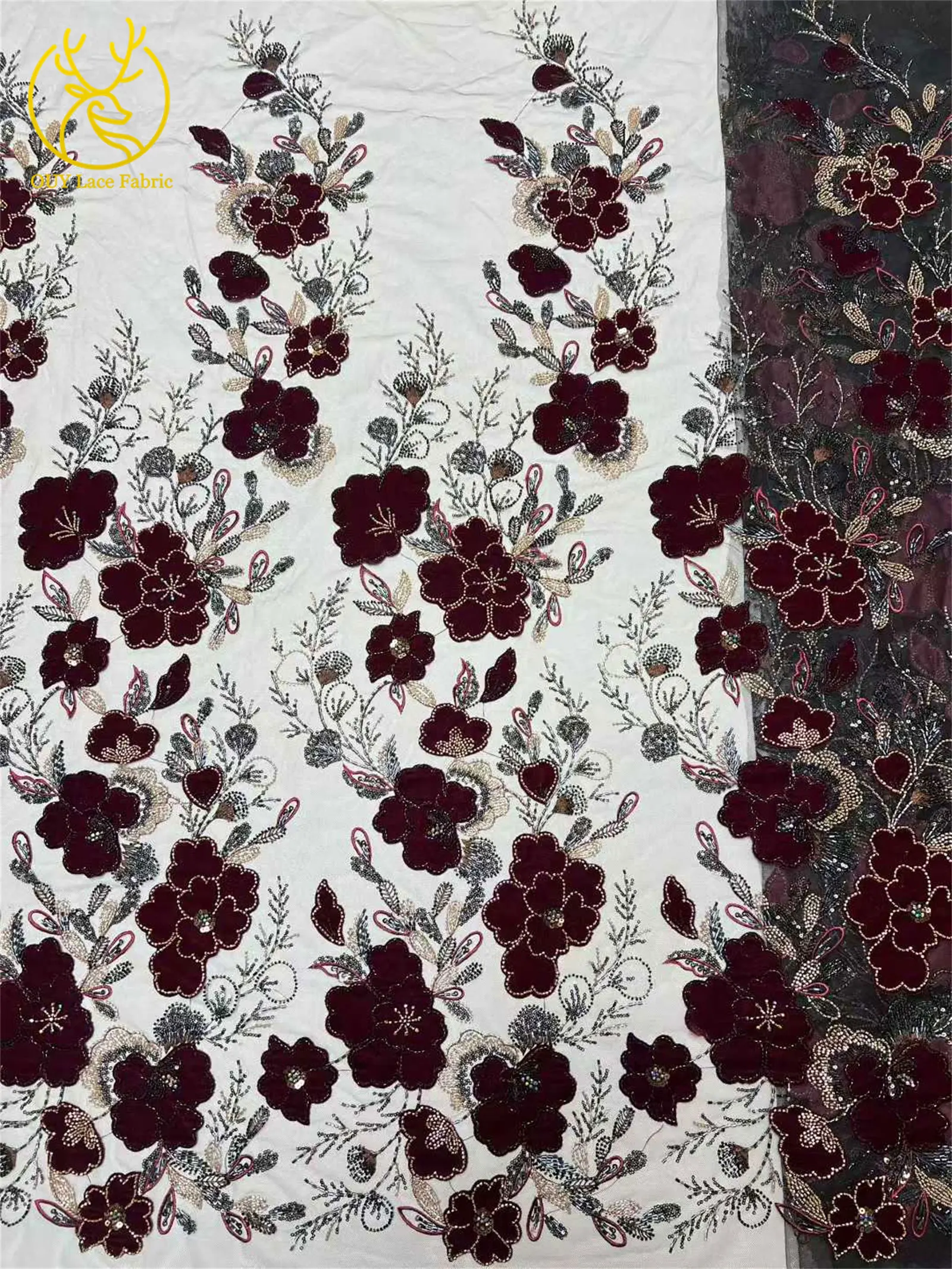 Neues Design Samt-Pailletten-bestickter Spitzenstoff 2026 Hochwertiger afrikanischer Perlen-Spitzenstoff Brautparty Hochzeitskleid Kleid – Detail 7