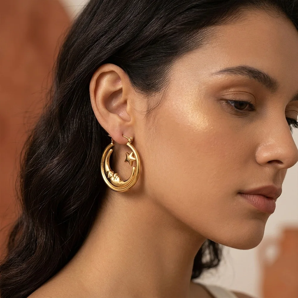 MamacitaSlay Unique 316L Stainless Steel Moon Star Hoop Earrings 18K Gold Plated Waterproof Jewelry For Women Daily Wear Gift