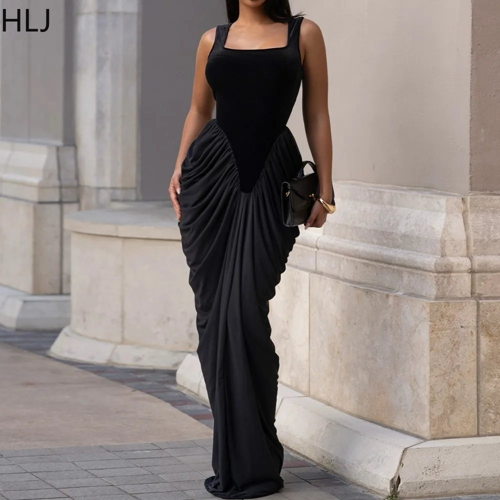 

HLJ Winter New Sexy Ruched Patchwork Bodycon Dresses Women Solid Color Sleeveless Backless Dress Female Streetwear Vestidos 2025