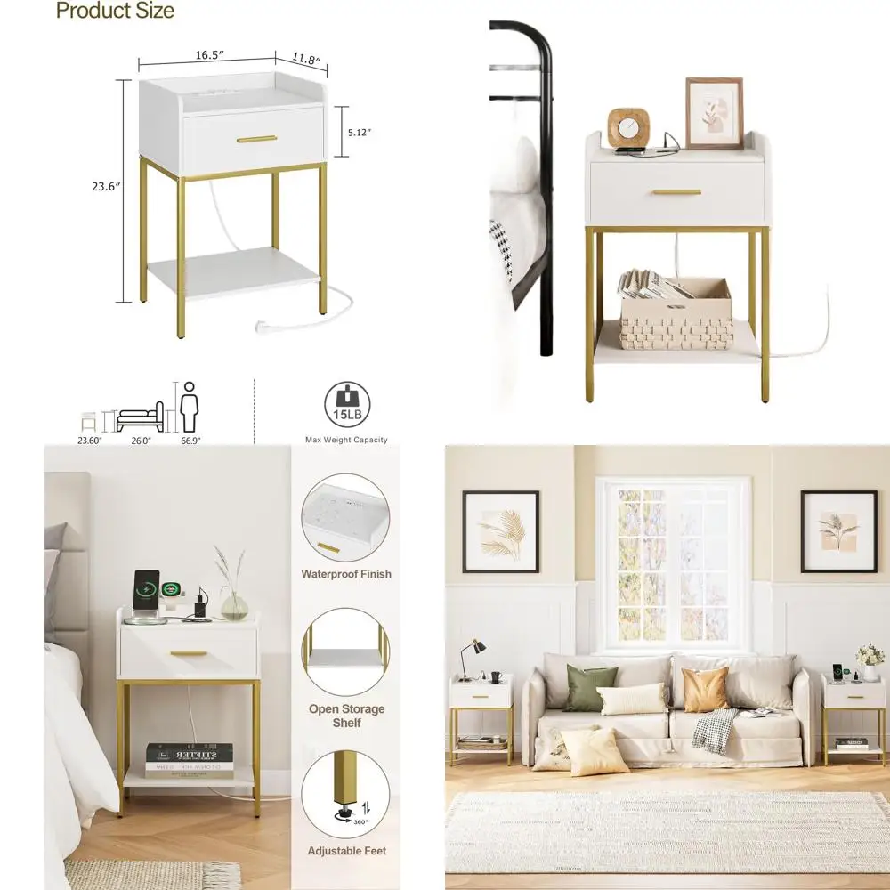 

Трехуровневая белая современная прикроватная тумбочка с зарядной станцией и местом для хранения для спальни или гостиной