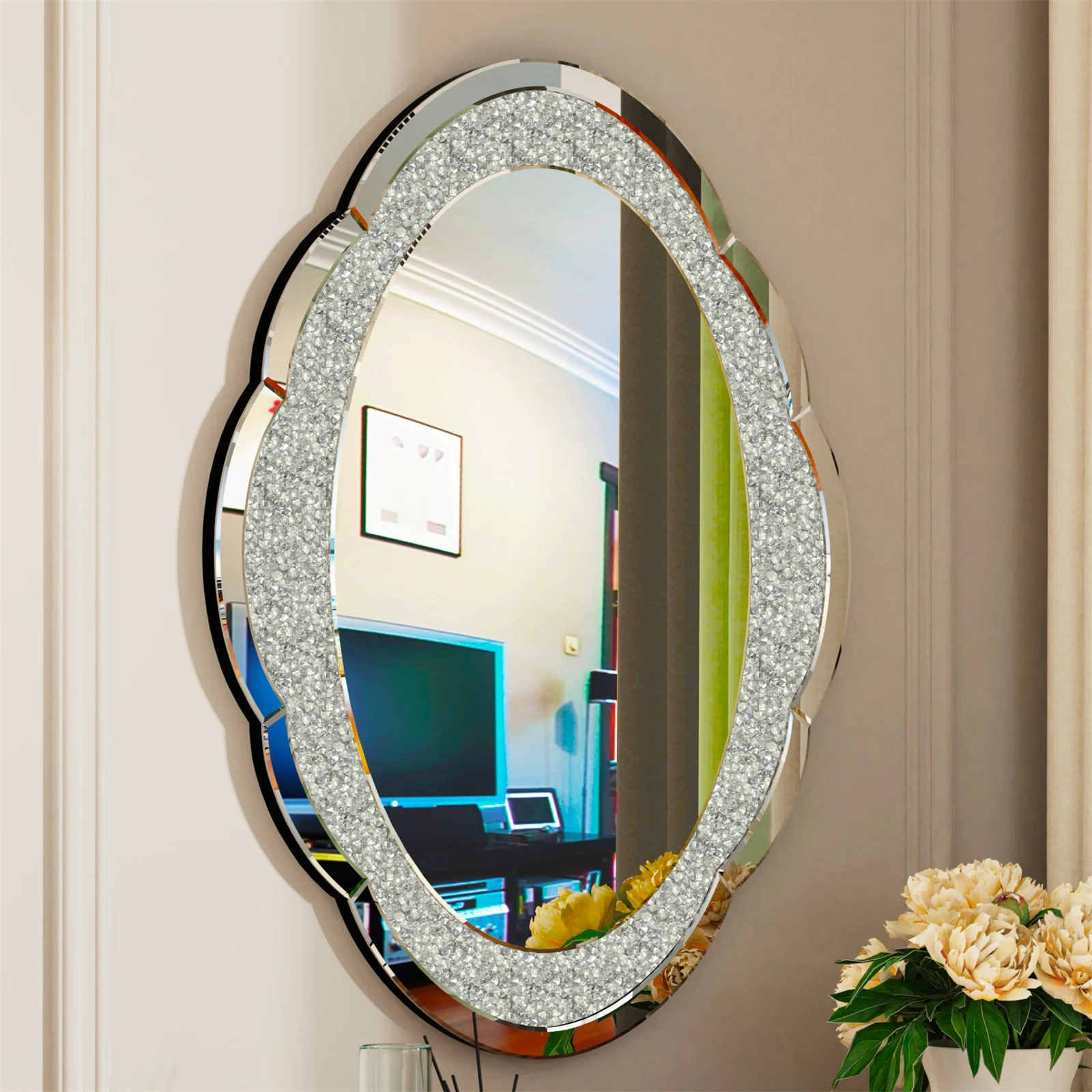 Decor Wall Mirror Arch Crystal Crushed Diamonds Vanity Accent Mirror  600x800mm for Entryway Hallway, Bedroom,Hotel Wall Decor