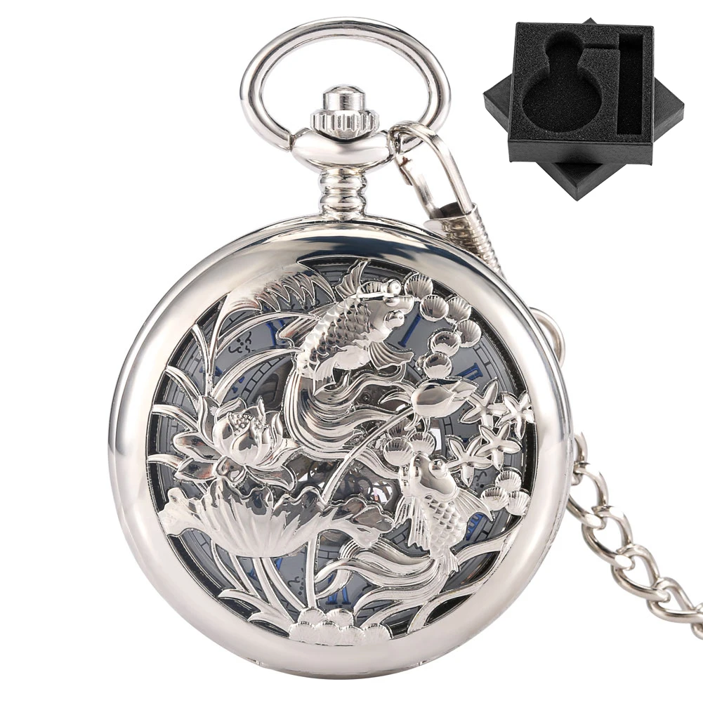 

Винтажные рельефные пруды с пейзажем Half Hunter, серебряные ручные механические карманные часы, синие римские цифры, циферблат, ретро-кулон, часы