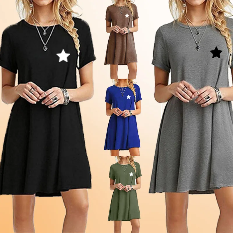 

Fashionable retro round neck short sleeved summer beach dress for women, elegant dress, loose and ladylike dress